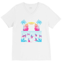 Vaporwave Cats Palm Trees Aesthetic Japanese Kawaii T Shirt V-neck Tee | Artistshot