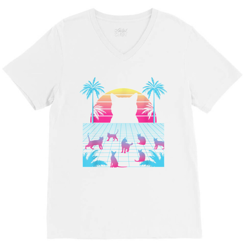 Vaporwave Cats Palm Trees Aesthetic Japanese Kawaii T Shirt V-neck Tee | Artistshot