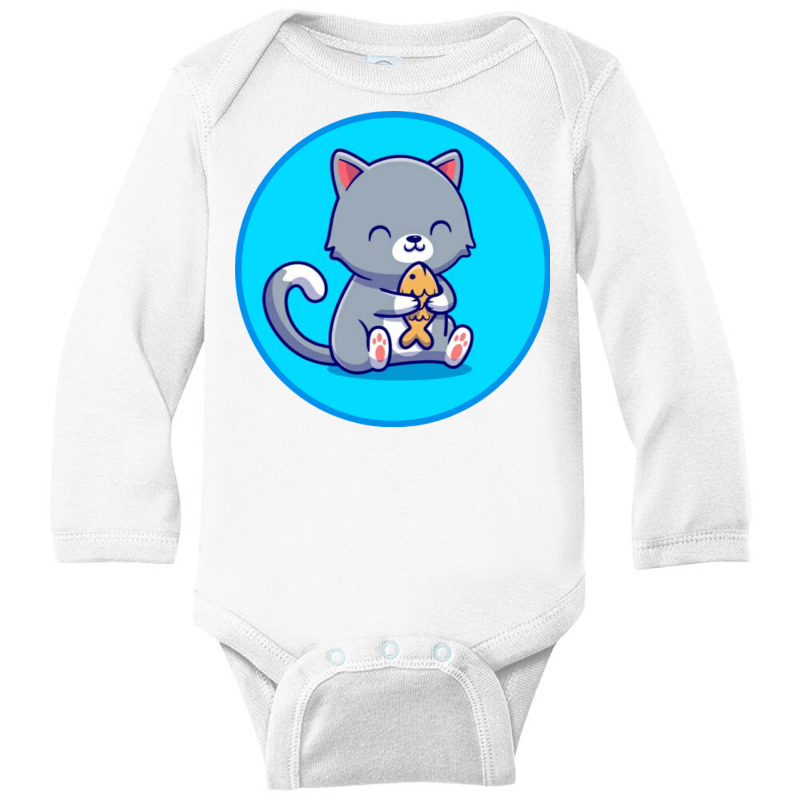 Cute Cat Holding Fish Cartoon Long Sleeve Baby Bodysuit by vasu4christ | Artistshot