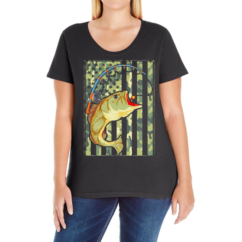 Fishing  Shirt Camouflage U S Flag American Fisherman Angle Fish Fishi Ladies Curvy T-Shirt by rabbitappear | Artistshot