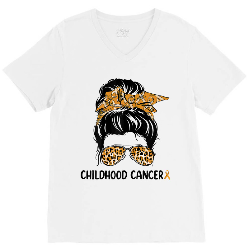 Womens Childhood Cancer Warrior Messy Bun Awareness Be Strong T Shirt V-neck Tee | Artistshot