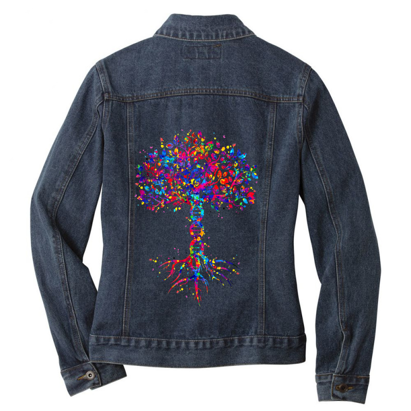 Dna Tree Life Watercolor Genetic Biologist Science Earth Day Ladies Denim Jacket by Hoang95 | Artistshot