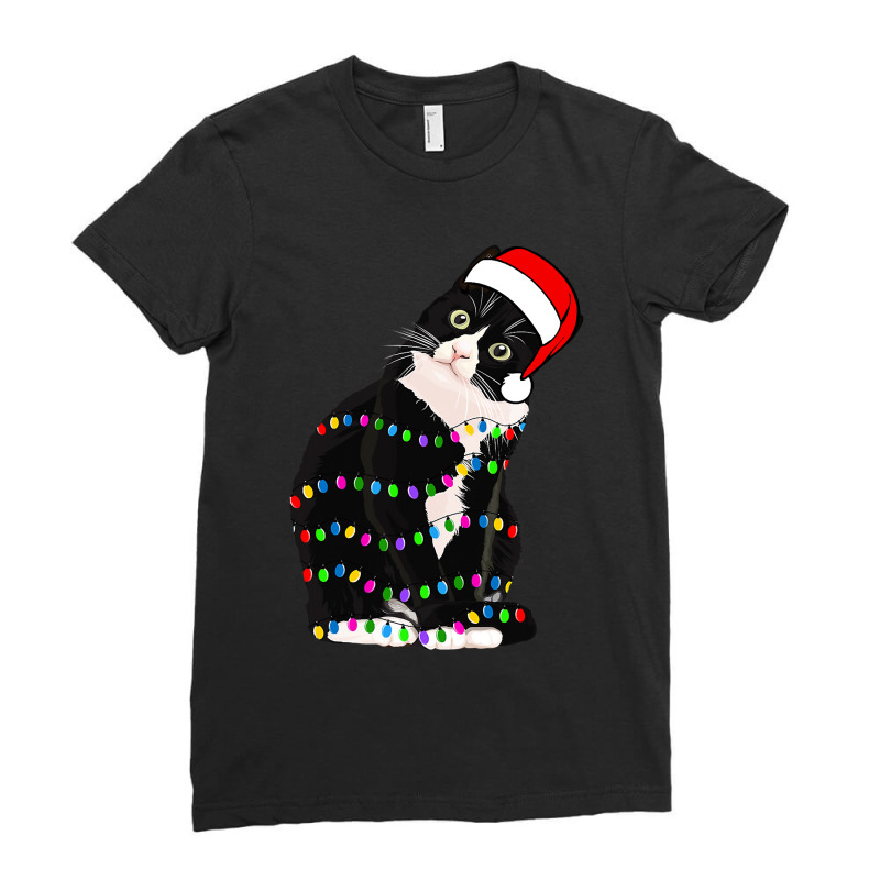 Cat Wrapped Up In Christmas Lights 98 Ladies Fitted T-Shirt by JudithAyreSchomer | Artistshot