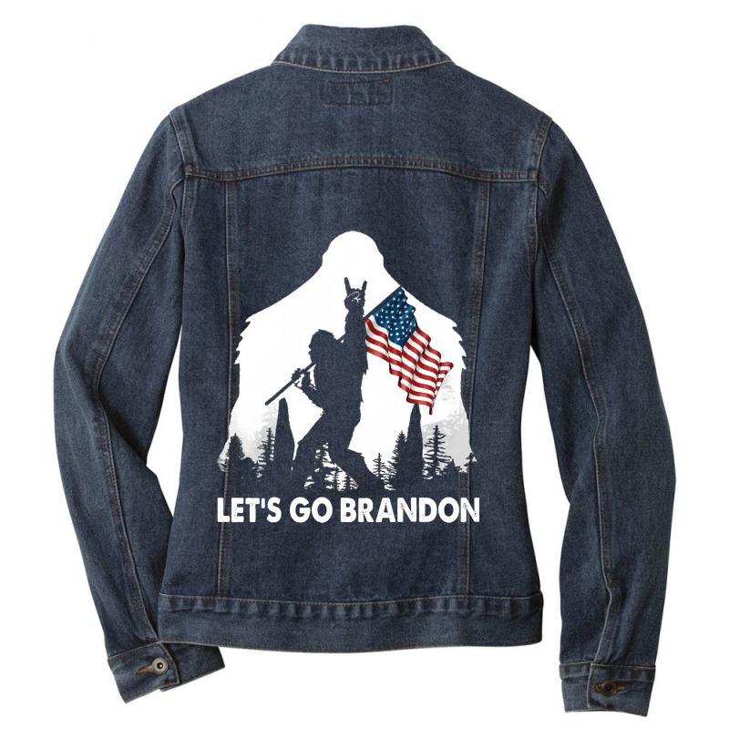 Let's Go Brandon Camping Bigfoot Rock And Roll Us Flag Ladies Denim Jacket by trokeryth | Artistshot