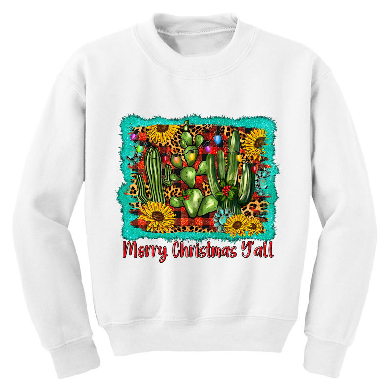 Western Leopard Plaid Cow Print Cactus Merry Christmas Y'all T Shirt Youth Sweatshirt by Jeremy_Hutson | Artistshot