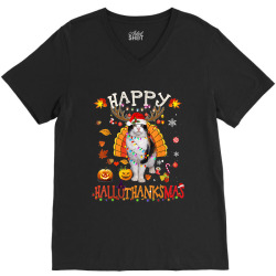 Funny Cat Happy Hallothanksmas Halloween Thanksgiving Xmas V-Neck Tee | Artistshot