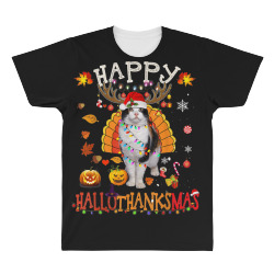 Funny Cat Happy Hallothanksmas Halloween Thanksgiving Xmas All Over Men's T-shirt | Artistshot