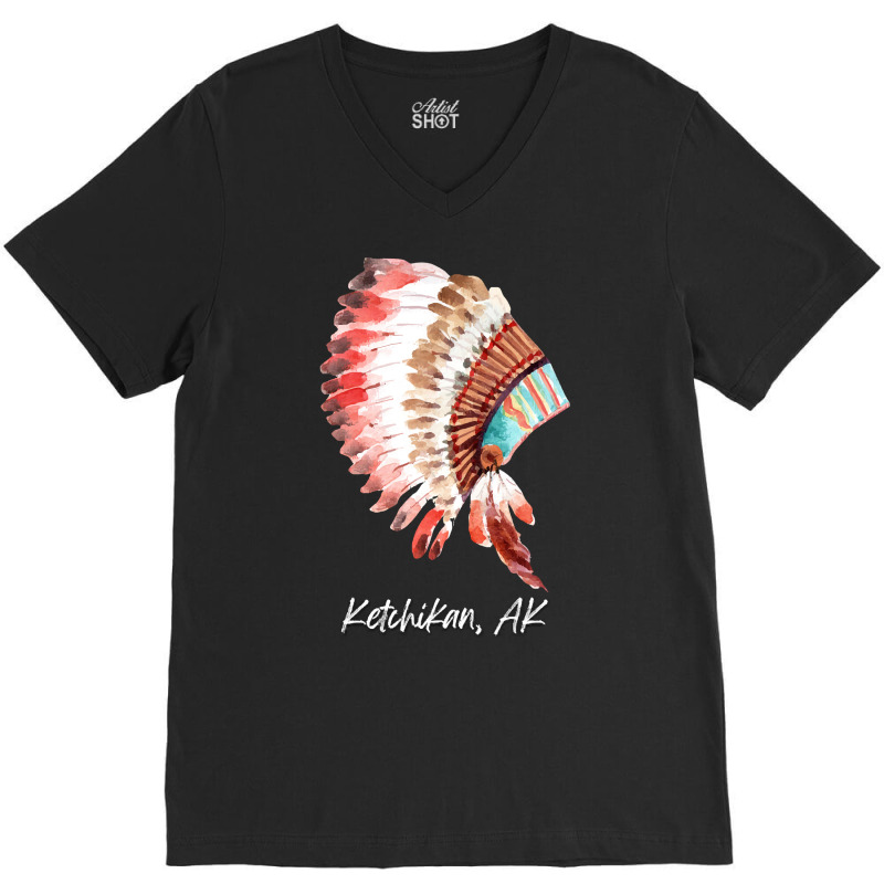 Native Indian Tribal Headdress Art T  Shirt Ketchikan Alaska Watercolo V-Neck Tee by baroncrona555 | Artistshot