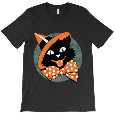 Vintage Halloween Black Cat T-shirt Designed By Antony Rusli