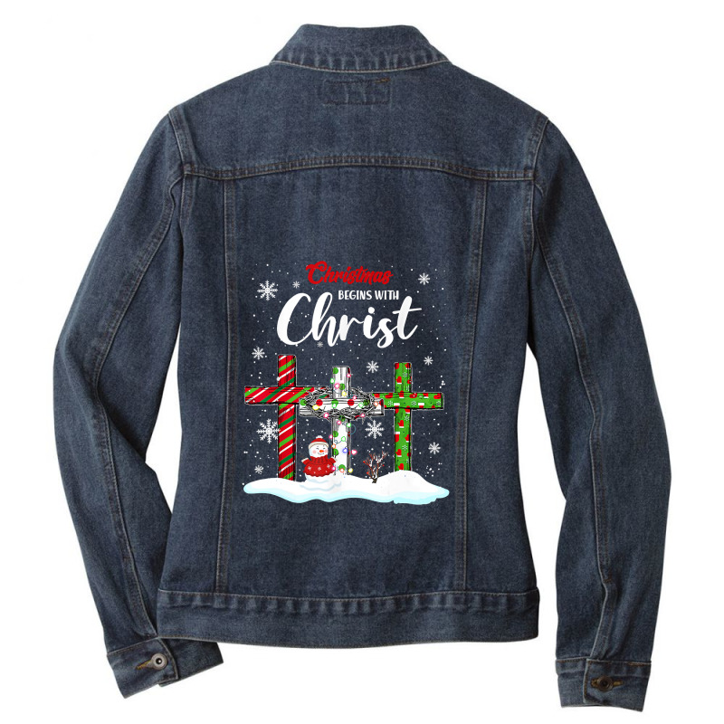 Christmas Begins With Christ Snowman Christian Cross Xmas T Shirt Ladies Denim Jacket by Mark_Liegerot | Artistshot