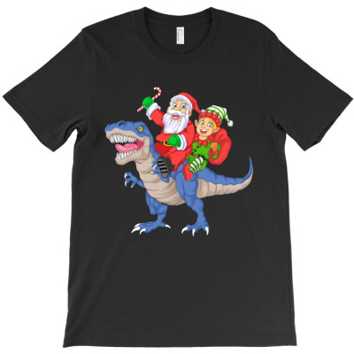 Santa And Elf Riding Dinosaur Christmas T-shirt Designed By Bariteau Hannah