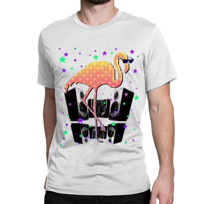 Flamingo With Sunglasses Speakers Stars Funny Dance Club Classic T-shirt by golferu | Artistshot