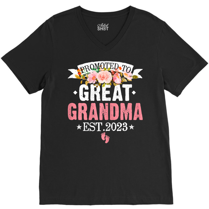 Womens Flowers Promoted To Great Grandma Est 2023 Women Family T Shirt V-neck Tee | Artistshot