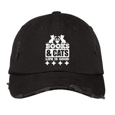 Books And Cats Life Is Good Distressed Cap Designed By Lift.mood
