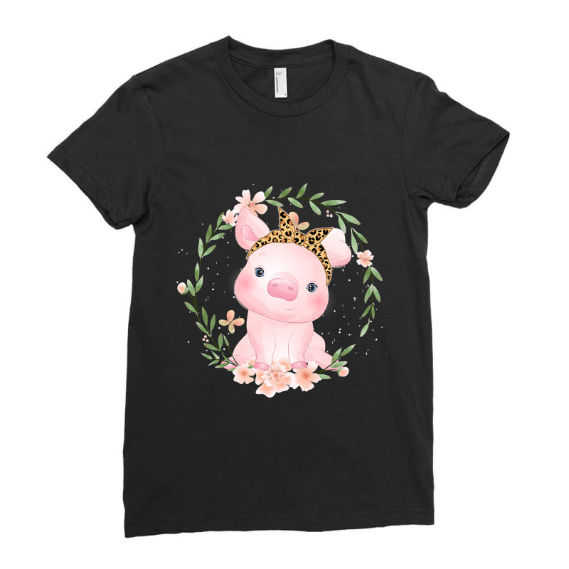 Pig With Leopard Headband Flower Tshirt Cute Pig Lover Gifts 50 Ladies Fitted T-Shirt by permad | Artistshot