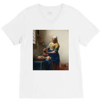 The Milkmaid By Vermeer Art Long Sleeve T Shirt V-neck Tee | Artistshot