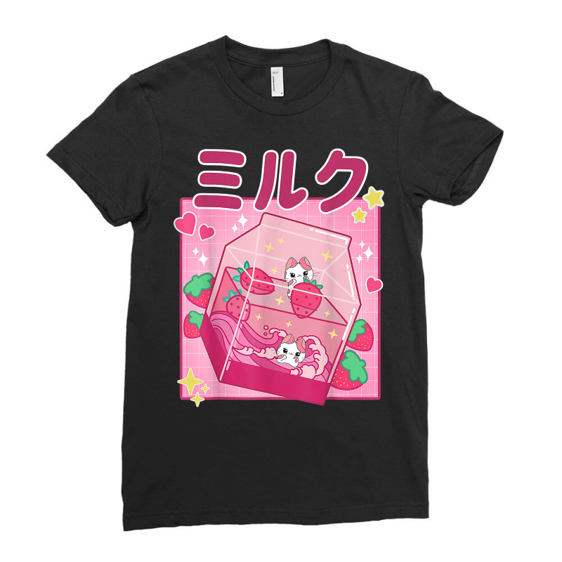 Funny Retro 90s Strawberry Milkshake Carton Kawaii Anime Cat T Shirt Ladies Fitted T-Shirt by kalerttjay | Artistshot