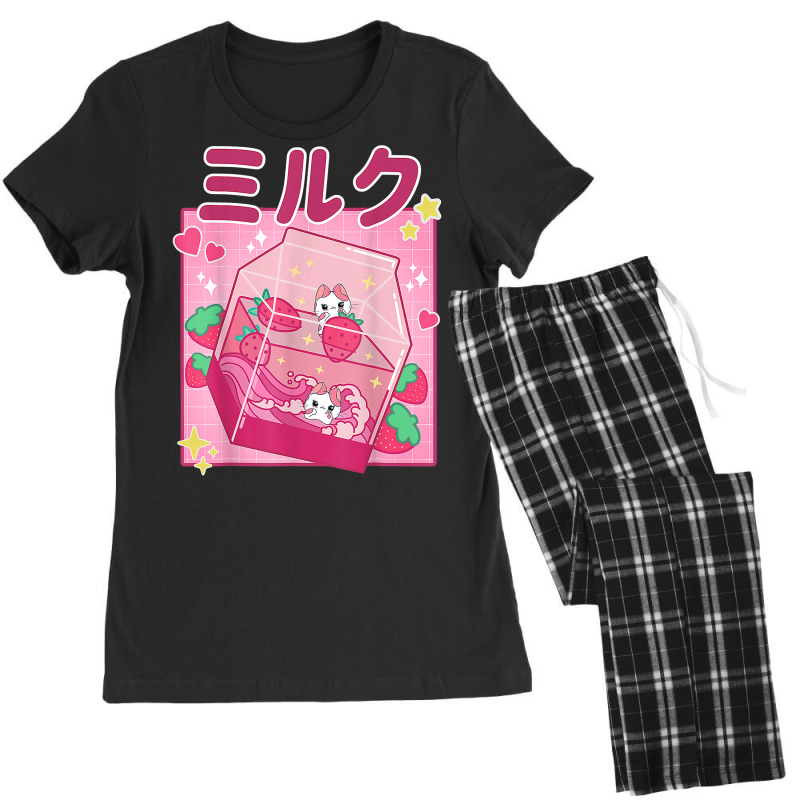 Funny Retro 90s Strawberry Milkshake Carton Kawaii Anime Cat T Shirt Women's Pajamas Set by kalerttjay | Artistshot