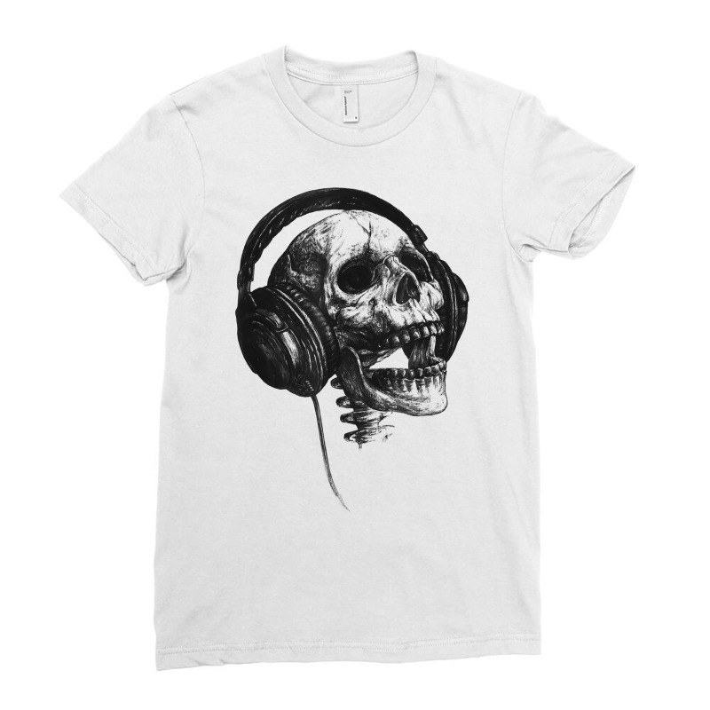 Music Forever Skull With Headphones Ink Graphic Rock Song T Shirt Ladies Fitted T-Shirt by jaiahlowes | Artistshot