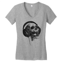 Music Forever Skull With Headphones Ink Graphic Rock Song T Shirt Women's V-neck T-shirt | Artistshot