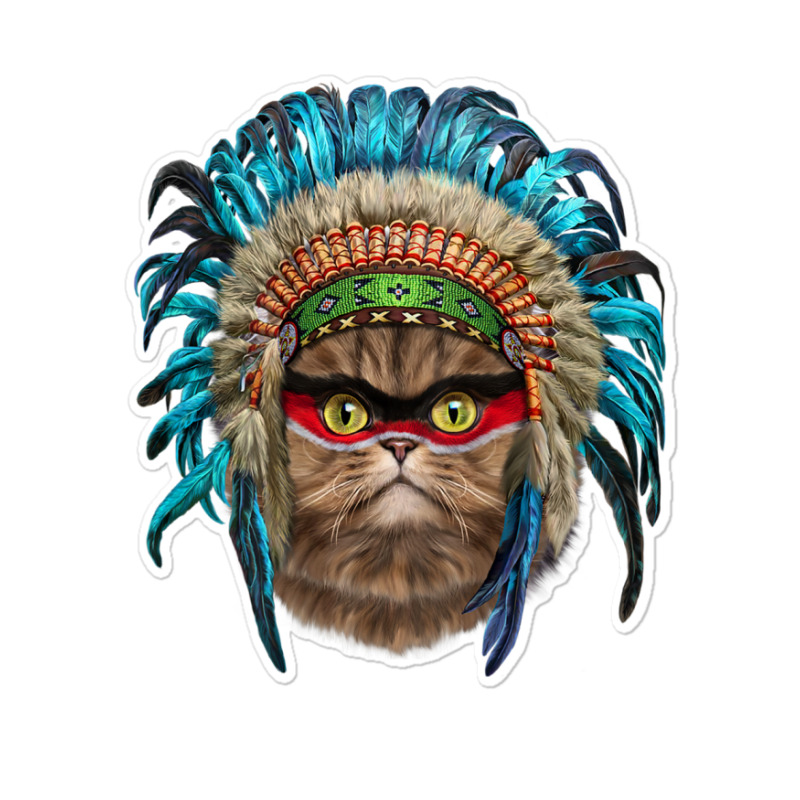 Fluffy Persian Cat Wearing Native American Indian Headdress Sticker | Artistshot