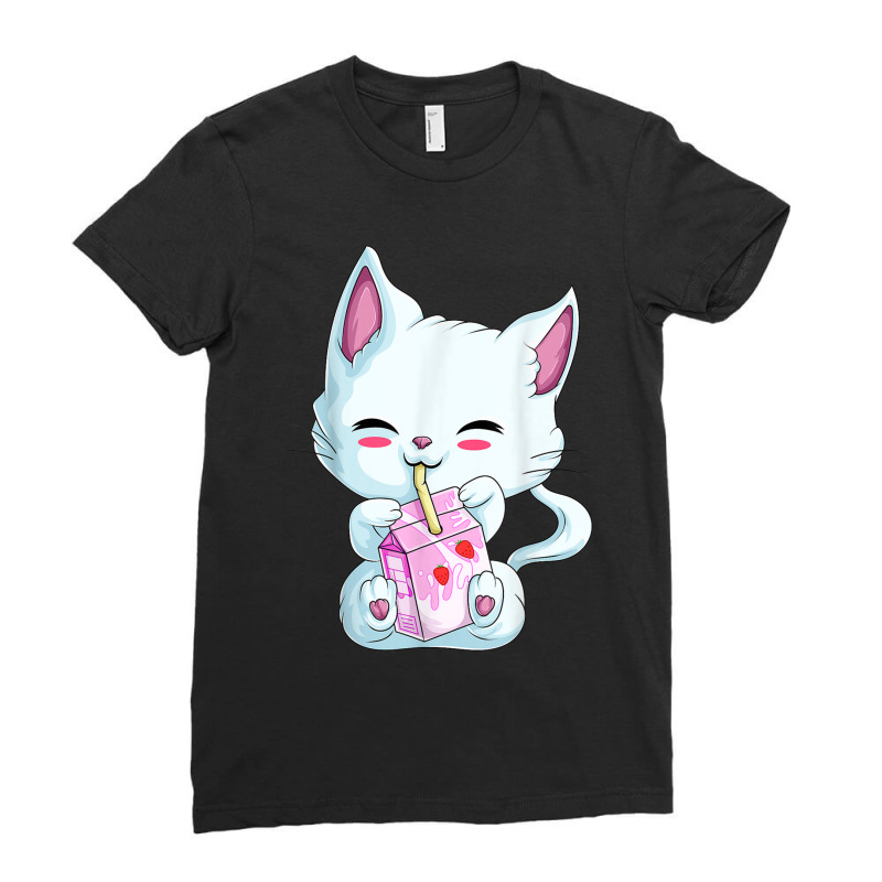 Cute Cat Strawberry Milk Shirt For Women Girls, Kawaii Neko T Shirt Ladies Fitted T-Shirt by RoyalStore | Artistshot