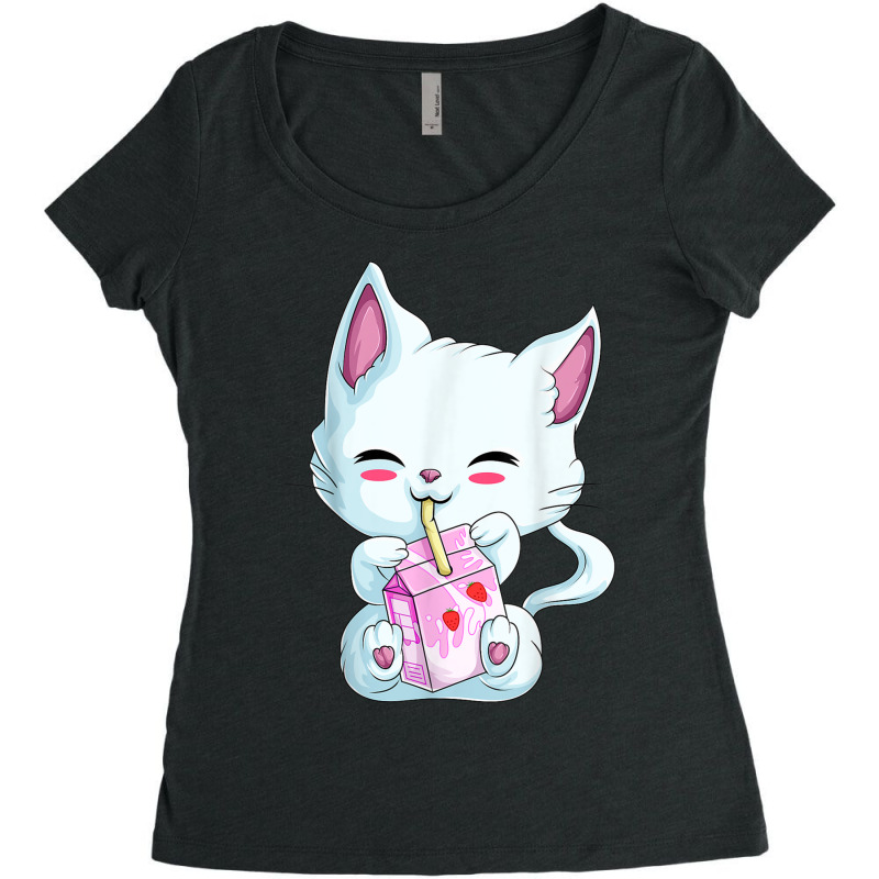 Cute Cat Strawberry Milk Shirt For Women Girls, Kawaii Neko T Shirt Women's Triblend Scoop T-shirt by RoyalStore | Artistshot