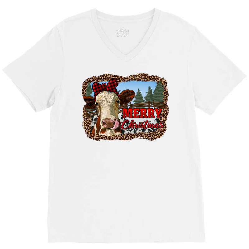 Merry Christmas Heifer Cow With Farm V-Neck Tee by RanaPortraitStore | Artistshot