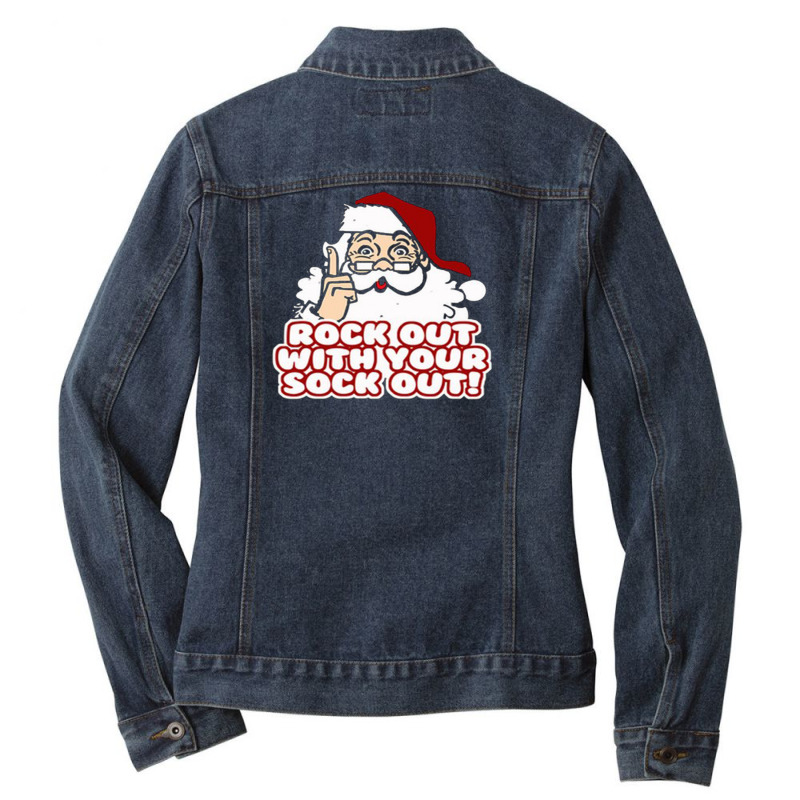 Rock Out With Your Sock Out Funny Christmas Santa Claus Ladies Denim Jacket by Vishaka | Artistshot