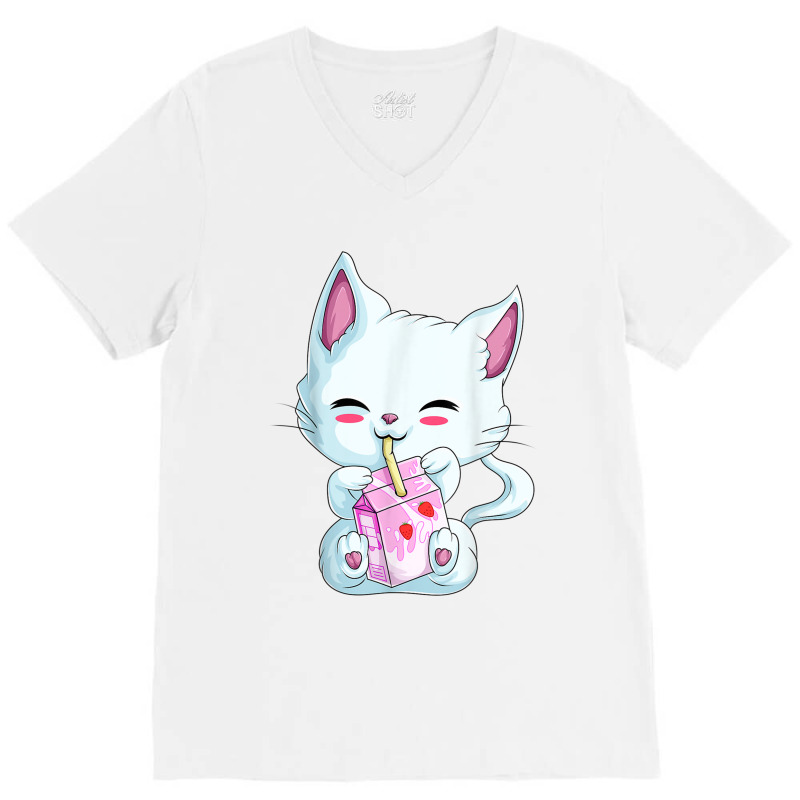 Cute Cat Strawberry Milk Shirt For Women Girls, Kawaii Neko T Shirt V-Neck Tee by RoyalStore | Artistshot