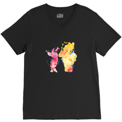 Watercolor Piglet And Winnie Pooh V-neck Tee Designed By Sengul