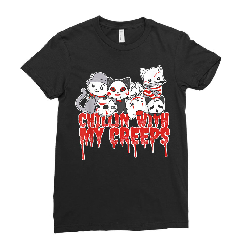 Chillin With My Creeps Cat Horror Serial Killer Halloween T Shirt Ladies Fitted T-Shirt by diles | Artistshot