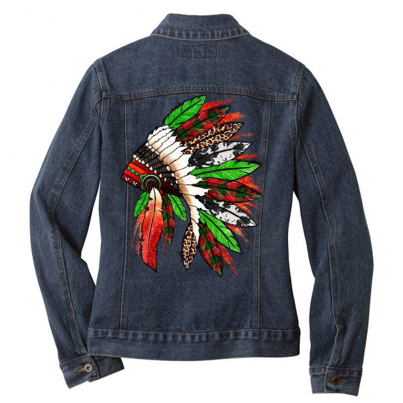 Western Christmas Native American Headdress Ladies Denim Jacket | Artistshot