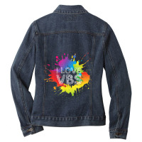 I Love Vbs Apparel Crew Vacation Bible School Paint Splatter Birthday Ladies Denim Jacket | Artistshot