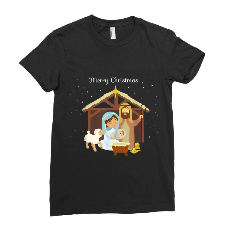 Merry Christmas & Nativity Scene Christian Faith Holiday Men Women Ladies Fitted T-Shirt by Aria-Proctor | Artistshot