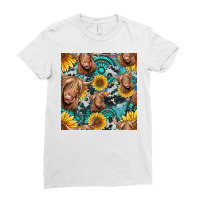 Highland Cow Sunflowers Turquoise Seamless Pattern Ladies Fitted T-shirt | Artistshot