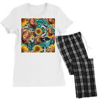 Highland Cow Sunflowers Turquoise Seamless Pattern Women's Pajamas Set | Artistshot