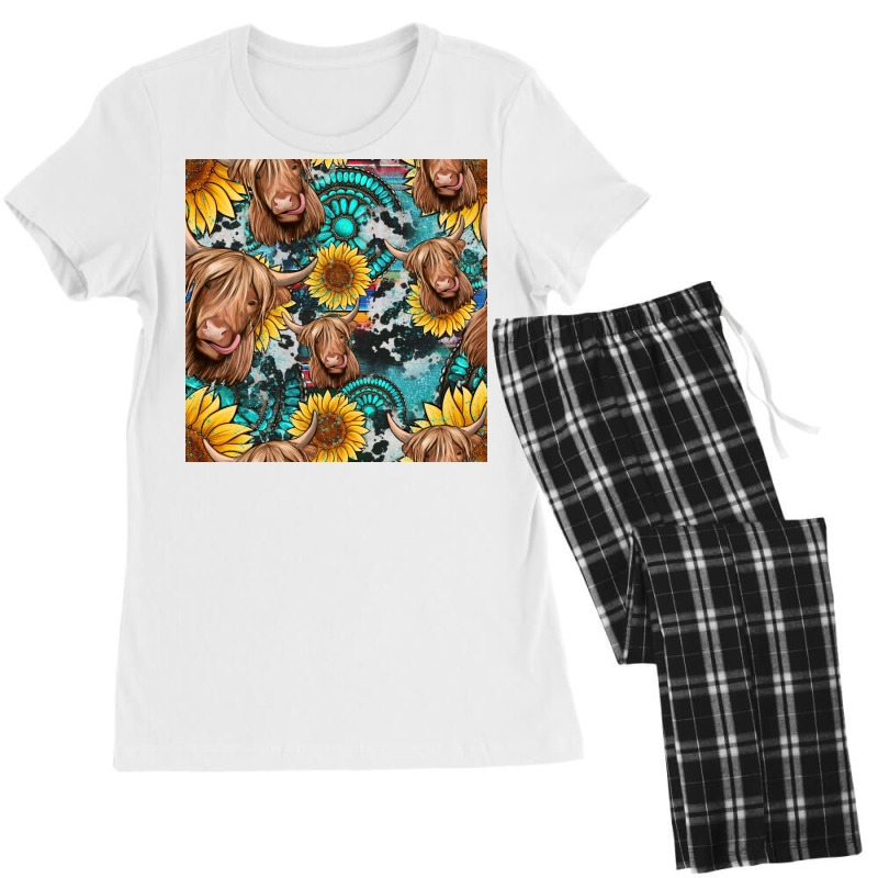 Highland Cow Sunflowers Turquoise Seamless Pattern Women's Pajamas Set | Artistshot