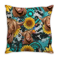 Highland Cow Sunflowers Turquoise Seamless Pattern Throw Pillow | Artistshot