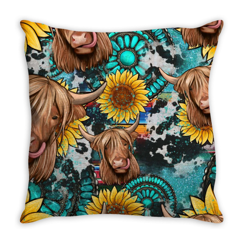 Highland Cow Sunflowers Turquoise Seamless Pattern Throw Pillow | Artistshot