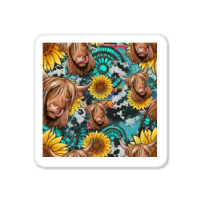 Highland Cow Sunflowers Turquoise Seamless Pattern Sticker | Artistshot