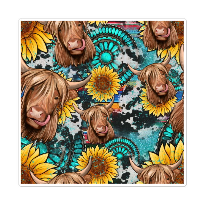 Highland Cow Sunflowers Turquoise Seamless Pattern Sticker | Artistshot