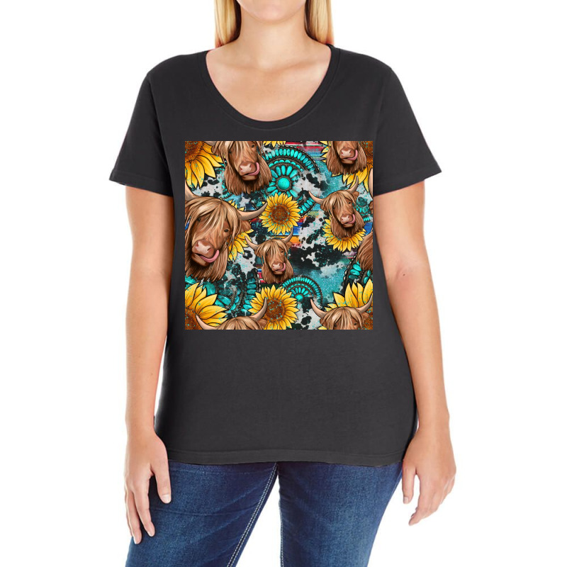 Highland Cow Sunflowers Turquoise Seamless Pattern Ladies Curvy T-shirt | Artistshot