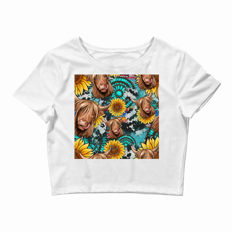 Highland Cow Sunflowers Turquoise Seamless Pattern Crop Top | Artistshot