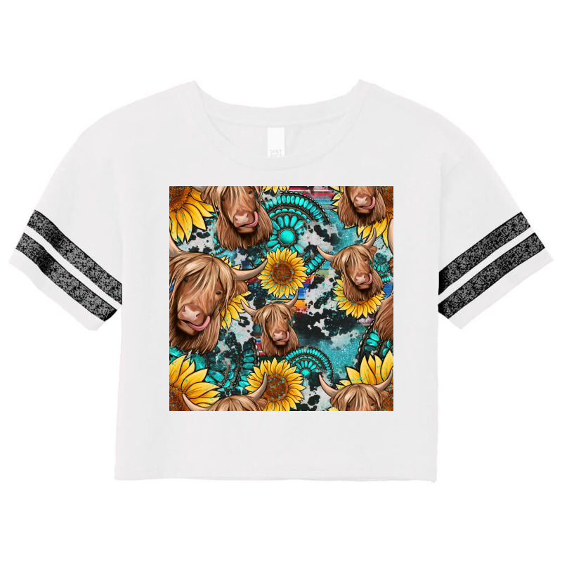 Highland Cow Sunflowers Turquoise Seamless Pattern Scorecard Crop Tee | Artistshot