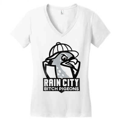 Rain City Bitch Pigeons   Black Art Women's V-neck T-shirt Designed By Frizidan