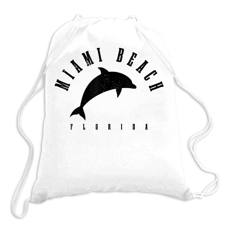 Miami Beach Florida Fl Vintage Surf Dolphin Vacation T Shirt Drawstring Bags | Artistshot