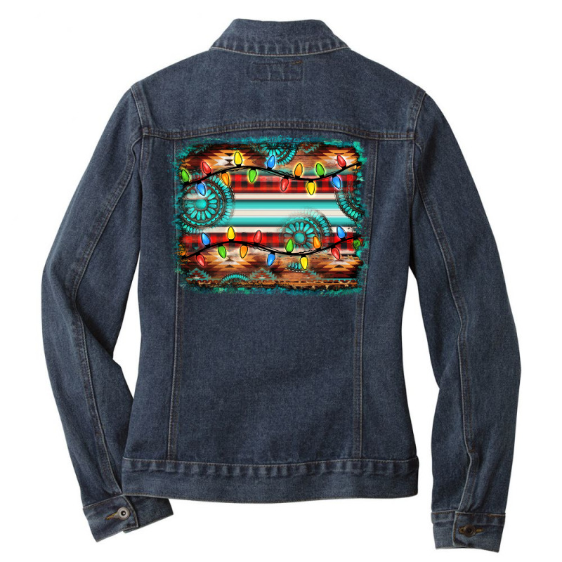 Turquoise Aztec Serape Christmas Background Ladies Denim Jacket | Artistshot