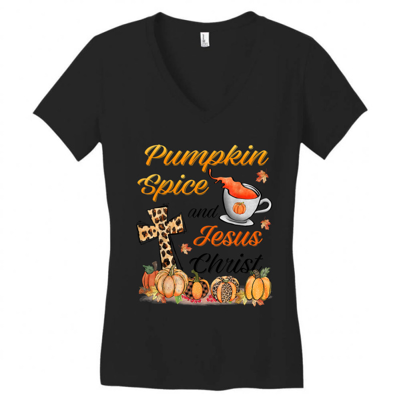 Pumpkin Spice And Jesus Christ Leopard Cross Pumpkin Autumn Video Game Women's V-Neck T-Shirt by Aria-Proctor | Artistshot