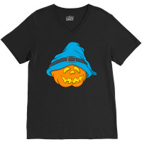 Halloween Jack O Lantern T  Shirt Slouchy Hat Halloween Pumpkin Blue V V-neck Tee | Artistshot